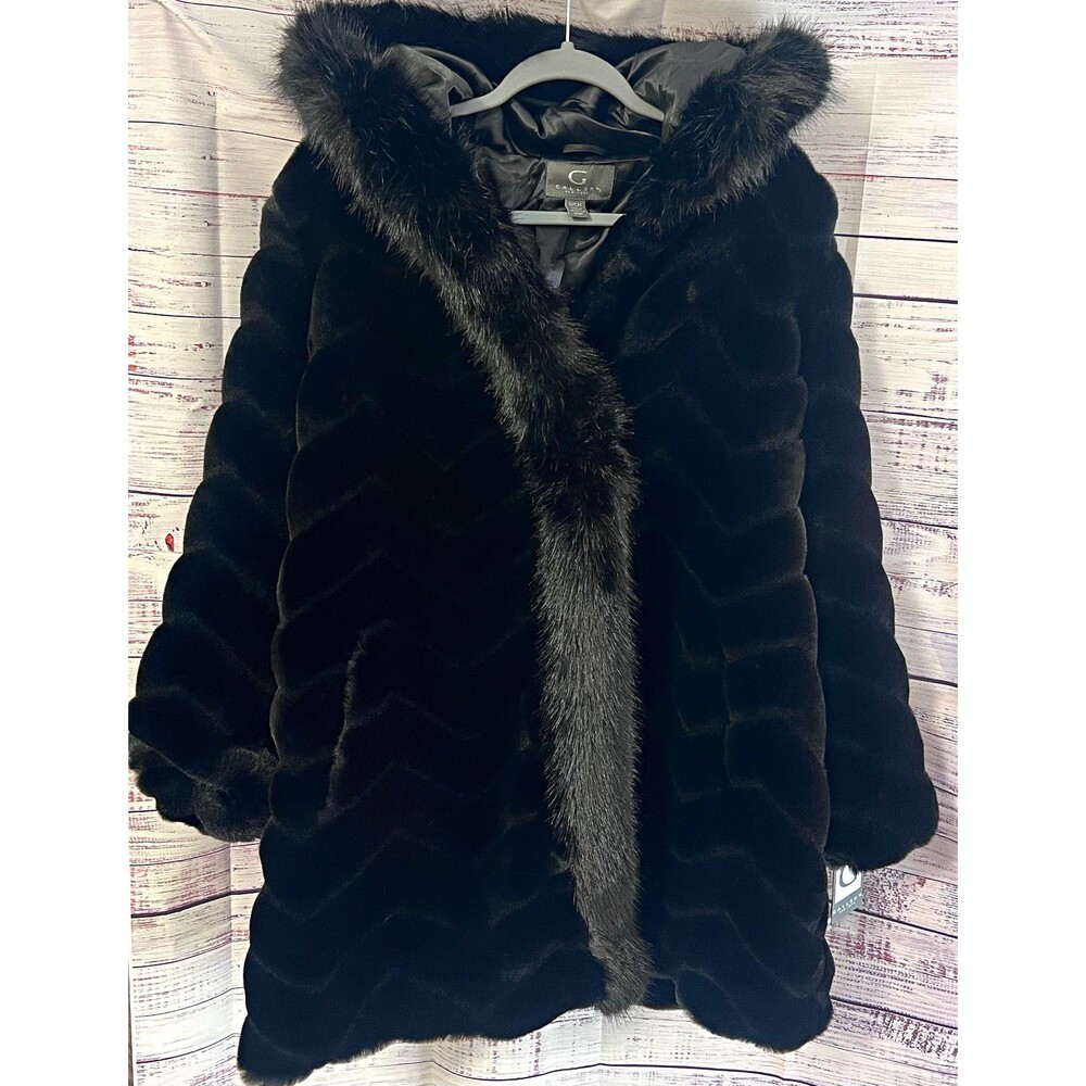 Gallery New York Faux Fur Hooded Coat Black Chevron Zip S NWT